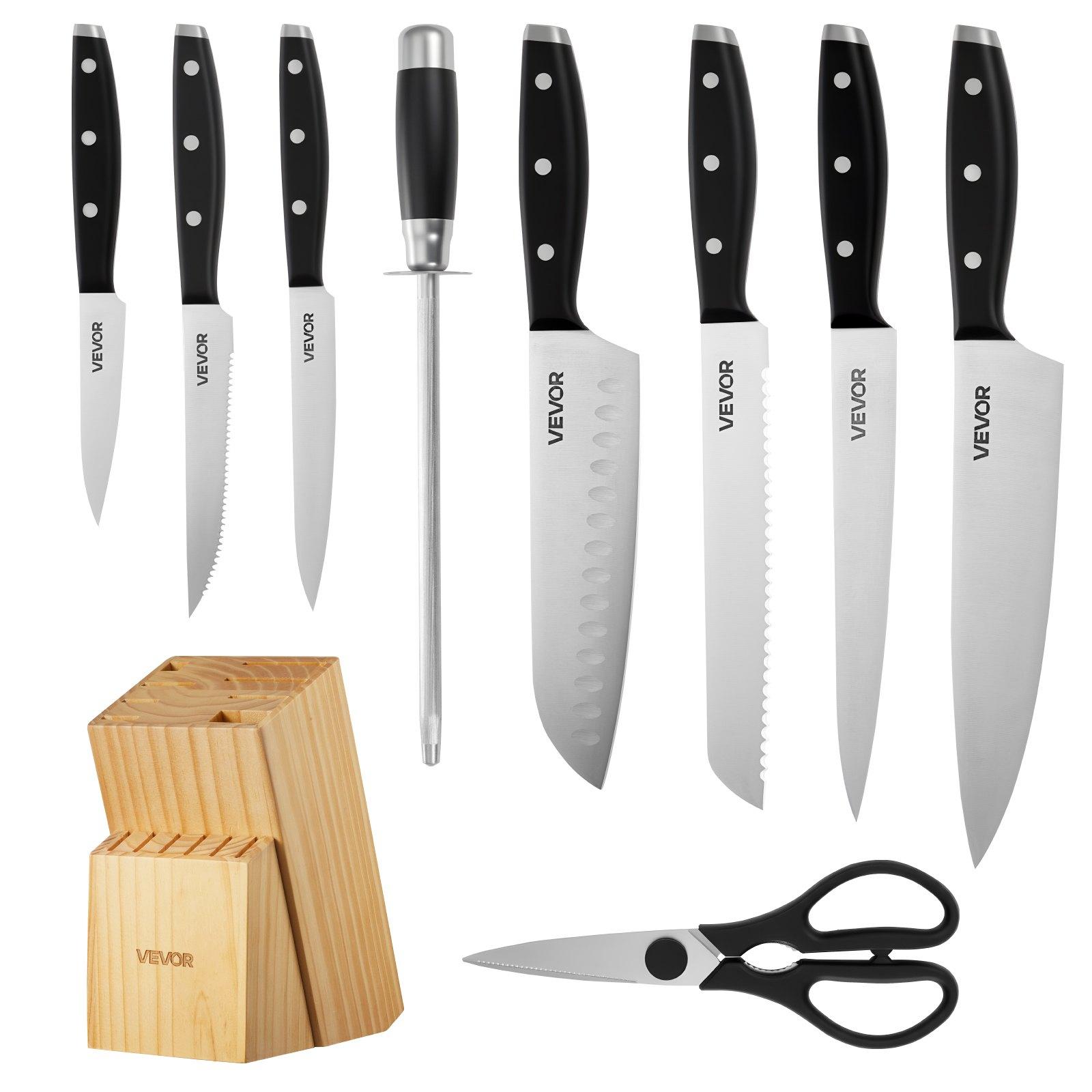 VEVOR 15-Pcs High Carbon Stainless Steel Knives Set with Premium Wooden Block, Sharpener, Steak Blade, Ergonomic Handle and Sharpening Rod for Home Cooks