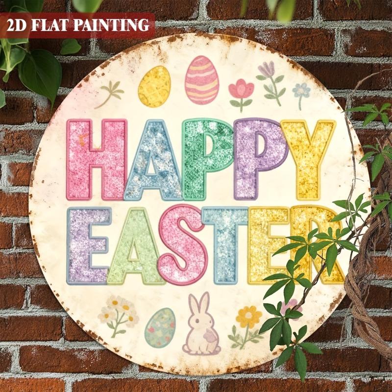 2D Round Iron Sign for Easter, Featuring 'Happy Easter' Design,Decorative Piece Is for Both Indoor and Outdoor Use, Making It Ideal for Homes, Restaurants, Cafes, Garages