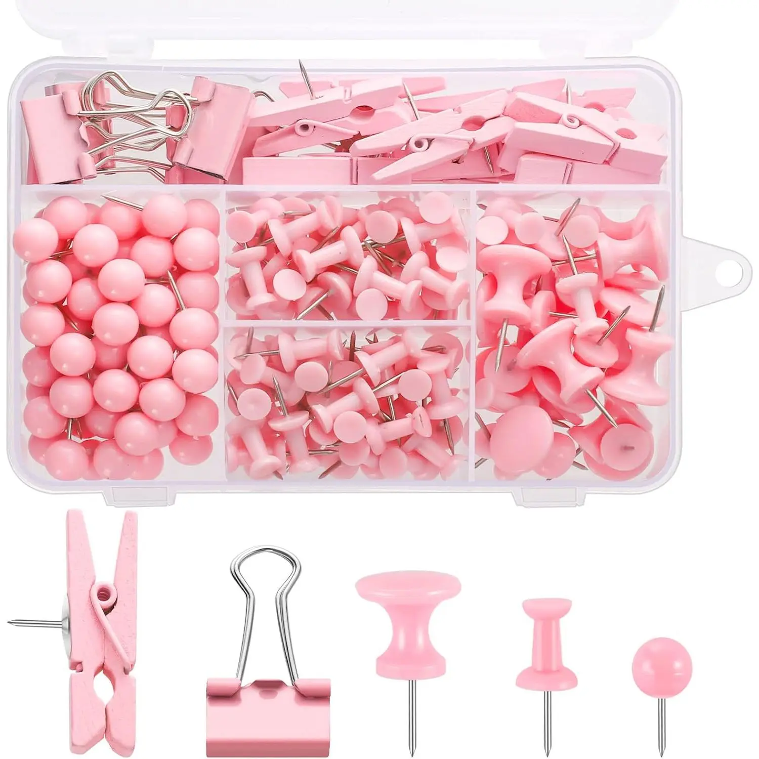 BoDoux Reusable Plastic+Steel Push Pin Set Pack - 200 Pcs Multi-Type Thumb Tacks for Car Interior Mounting, Bulletin/Cork Boards, Map Marking (Pink, Office Back to School Supplies)