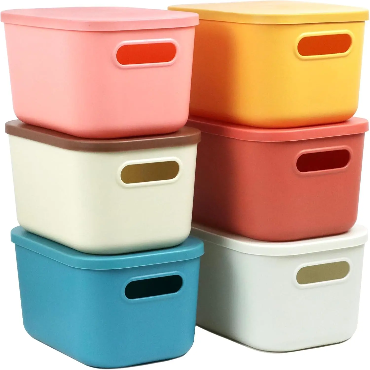 6Pcs Small Stackable Plastic Storage Bins with Lids, 6 Colors Shelf Organizer Baskets for Pantry Cabinet Desktop Freezer Drawer Organization