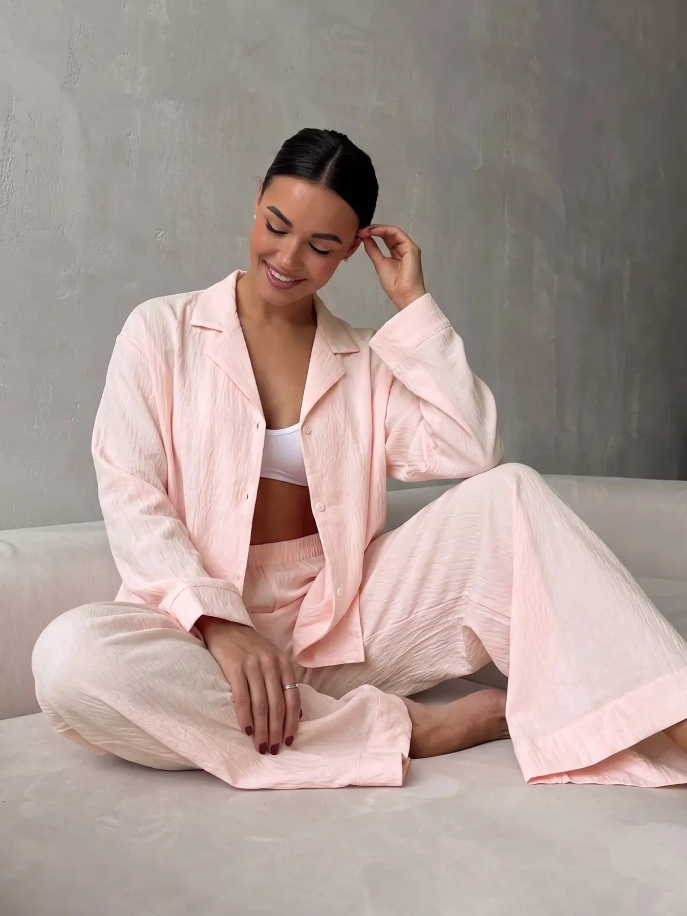 New Women's Four-Season Pajama Set Pjs, Lapel Wrinkle Fabric Comfortable Sleepwear Loungewear, Loose Fit Cardigan + Wide Leg Pants, Casual Homewear