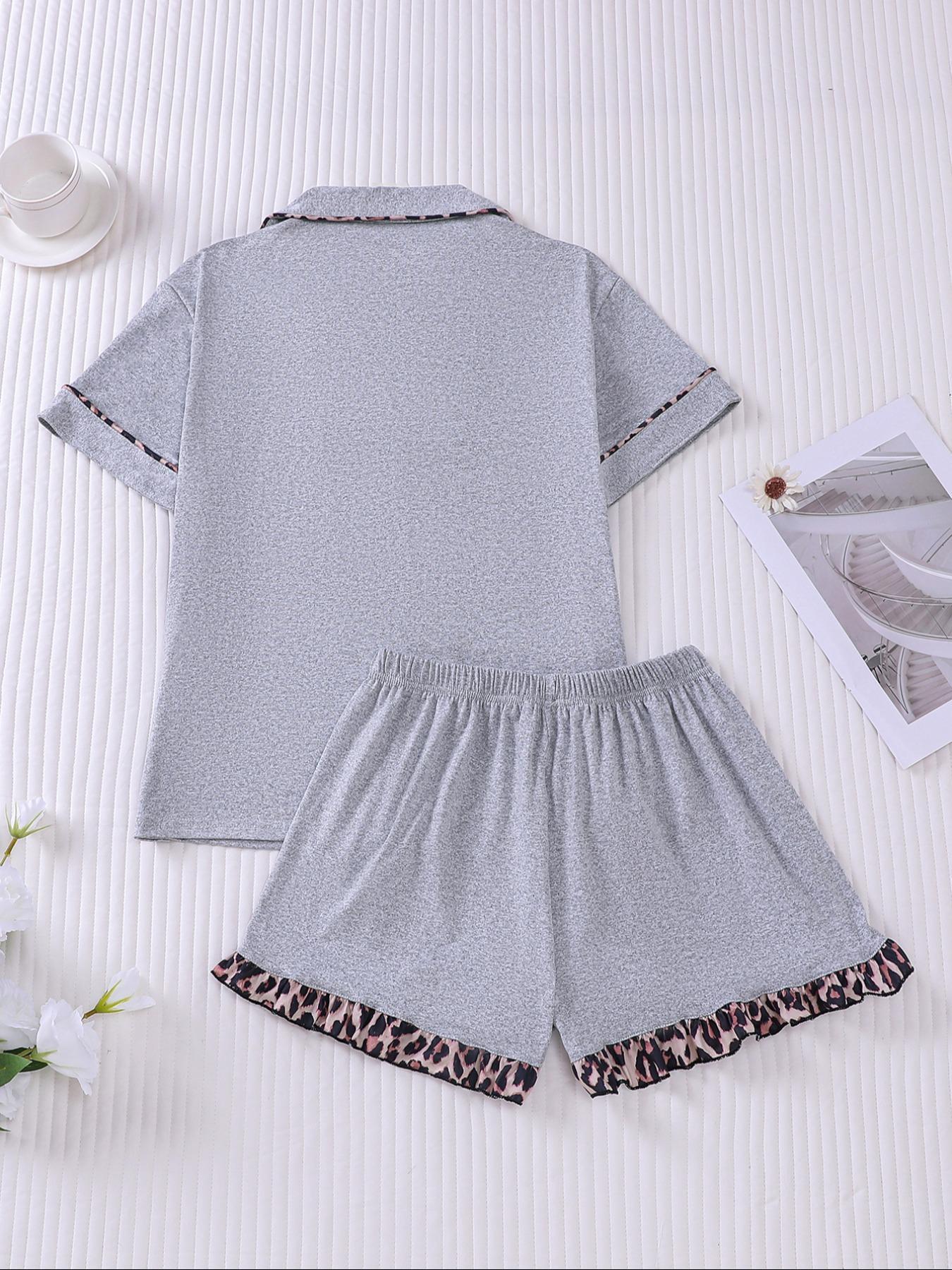 Women's Patchwork Contrast Binding Button Front Pocket Shirt & Ruffle Hem Shorts Pyjama Set, Casual Comfy Two-piece Pj Set, Ladies Summer Sleepwear, Pajama Set, Casual Lounge Sleep
