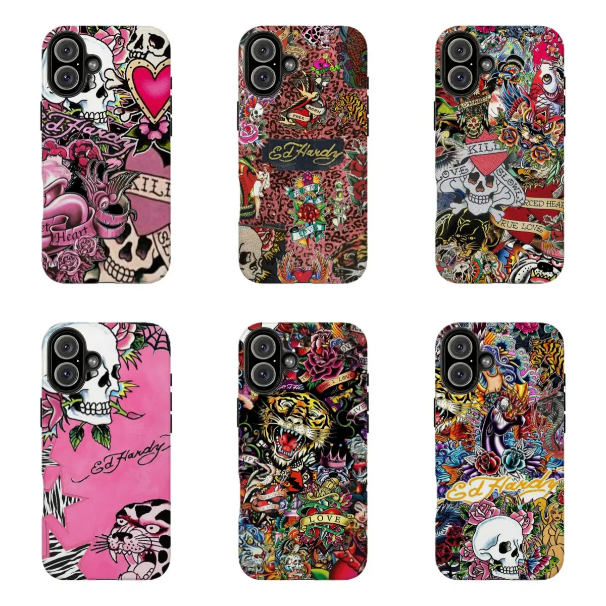 Hot Pink Base Ed Hardy Tattoo Case Sweet Heart Skull Floral Y2K Aesthetic Phone Cover,For iPhone 11 12 13 14 15 16 17 pro max for Samsung S26 S25 S24 S23 S22 S21 phone Cases,Gifts For Fans Men Women,phone cases