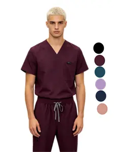 Men's V-neck Frosted Suit Short Sleeved Top and Multi Pocket Jogging Pants Uniforms for Nurses Doctors and Salon Staff