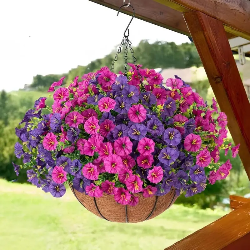 Four-season decorative artificial hanging flower and plant baskets, UV-protective artificial petunia hanging baskets with realistic effects, suitable for home decoration in indoor and outdoor porches, terraces, balconies and Garden.