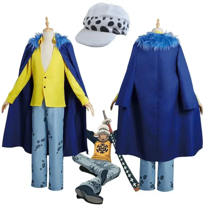 Anime ONE Trafalgar D Water Law PIECE Coat Pants Cloak Cosplay Costume Adult Sets Halloween Carnival Performance Uniform Cap