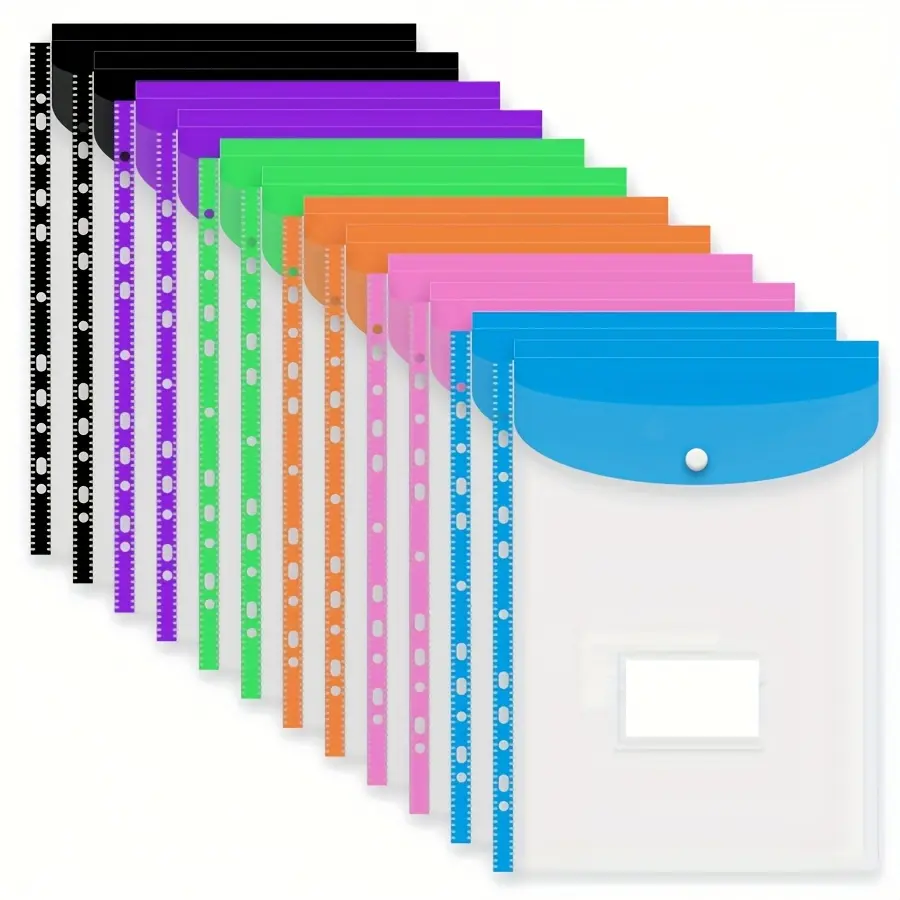 Pack of 12 A4 size perforated plastic bags A4 file bags, plastic ID holders, snap-on file bags, suitable for office, home binders and school uses