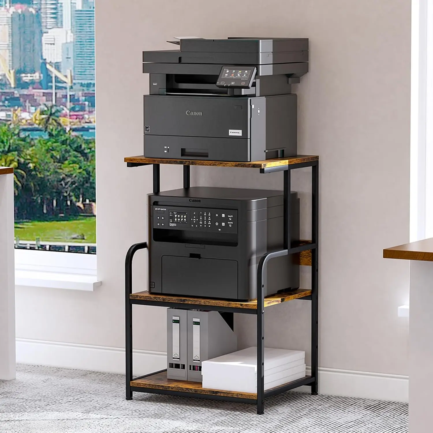 Printer Stand with Storage Shelf,3 Tier Printer Cart with Wheels,Mobile Printer Table for  Office,Stands for Printer Heat Press Scanner Fax,Industrial Style (Brown)