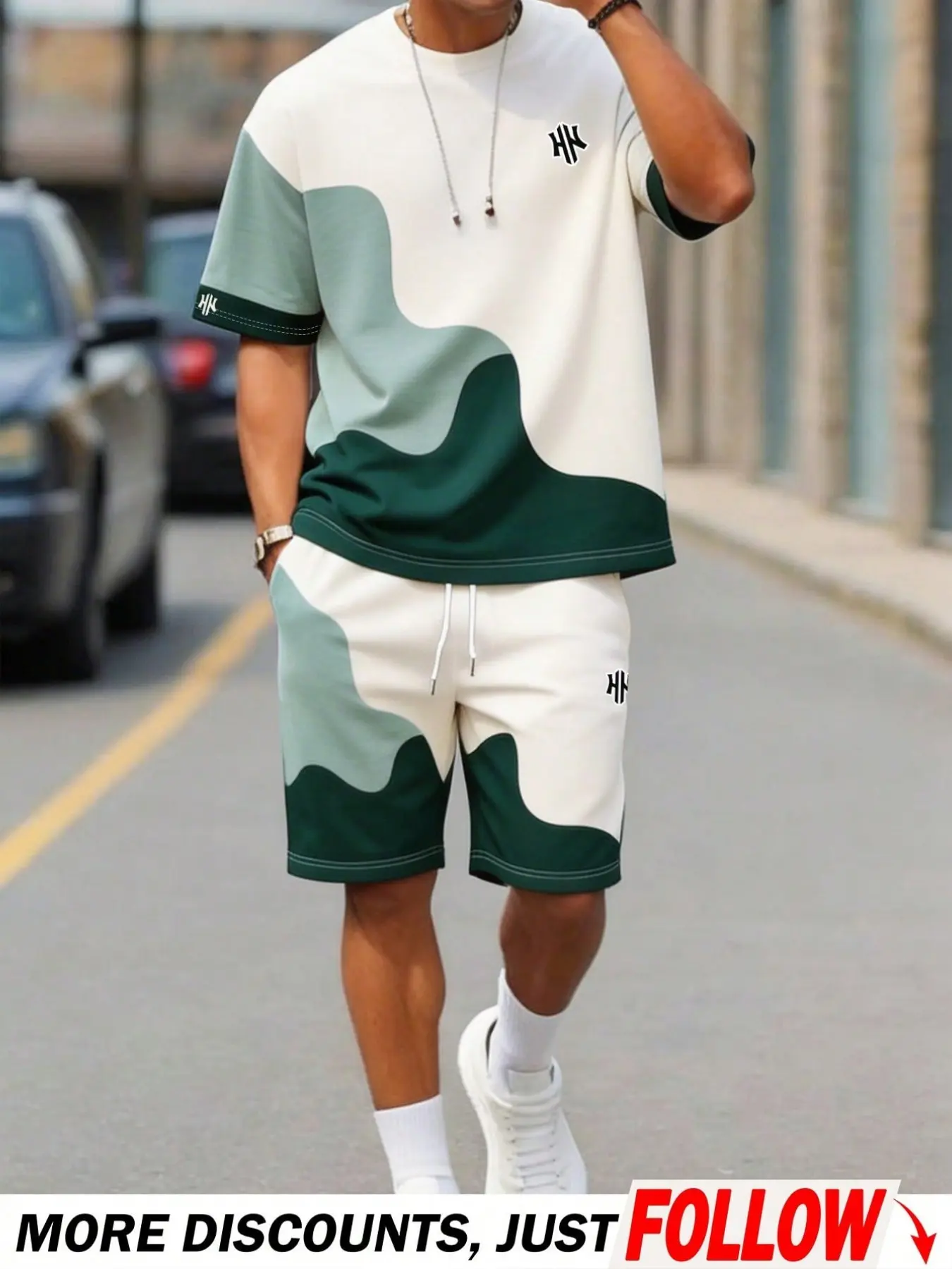 Men's Round Neck Shoulder-Exposed Short Sleeve Casual Colorblock Print Loose Fit Daily T-Shirt Set, Summer, Holiday, All Seasons