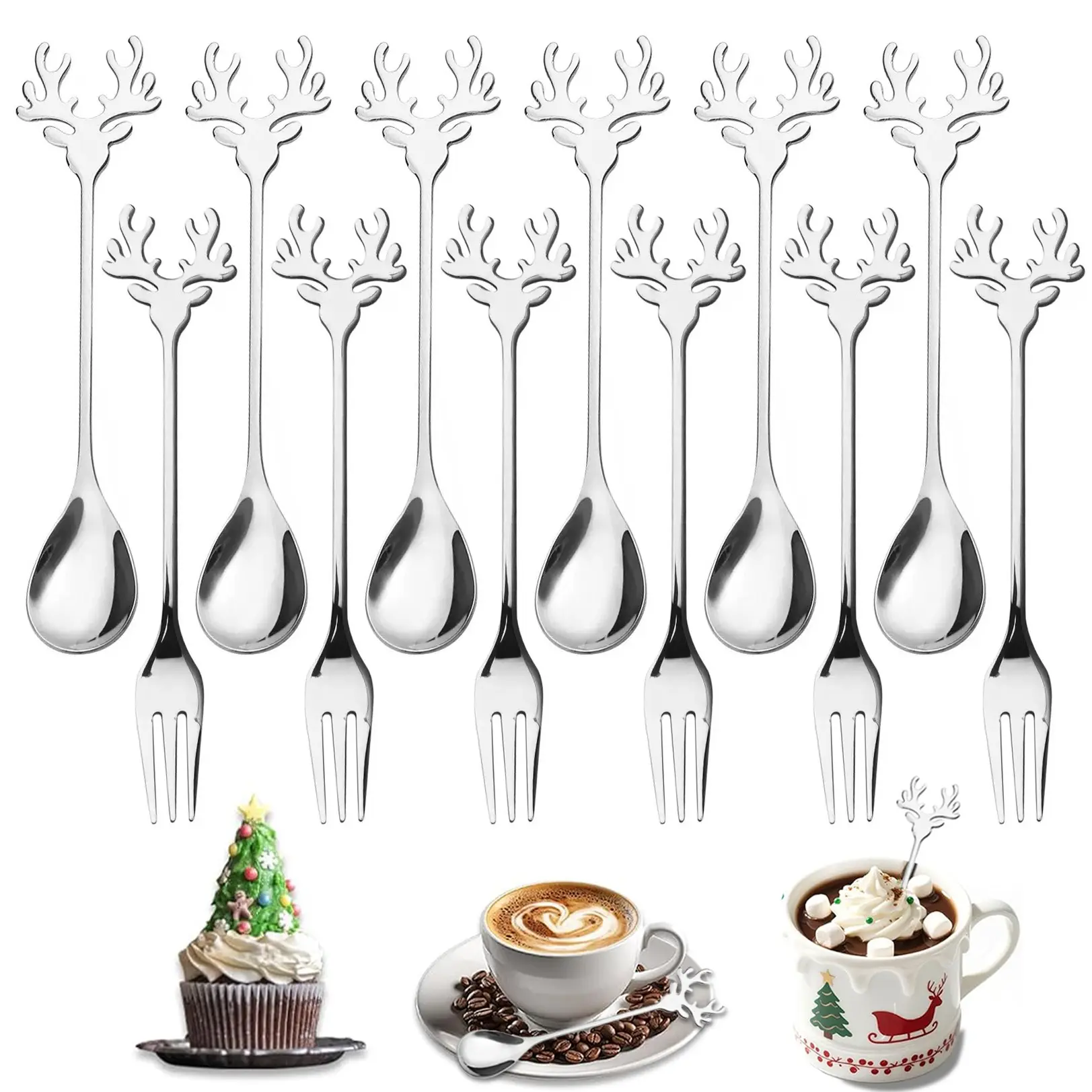 12-Piece Reindeer Mini Dessert Spoon Fork Set, Stainless Steel Coffee Tea Fruit Cake Forks, Cute Flatware for Holidays, Perfect Gift