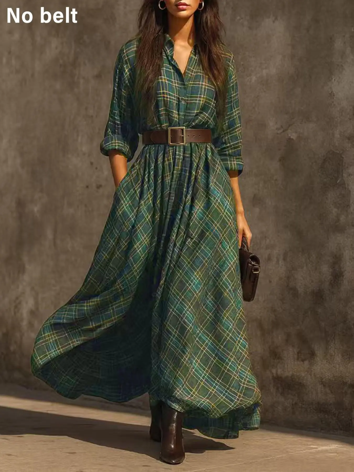 2026 Women's New Casual Elegant Chic Vintage Plaid Design Collar Contrast Slim Fit Waist Long Lantern Sleeve Dress, Perfect for Daily Wear, Retro Parties, Vacations