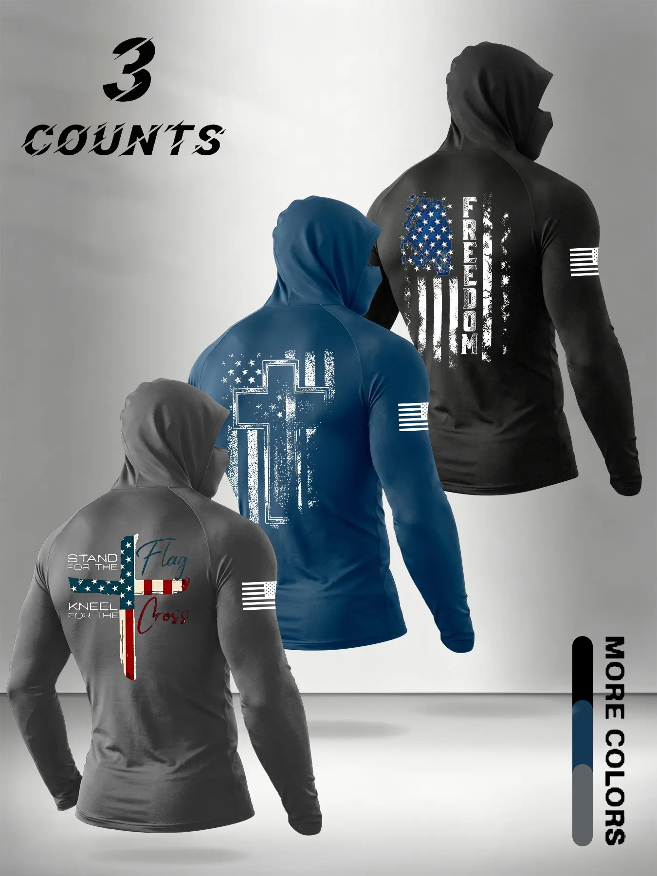 3-Pack Men's Patriotic Christian Balaclava Hooded Long Sleeve Tees, Freedom Cross & Flag Print Street Workout Casual Tops