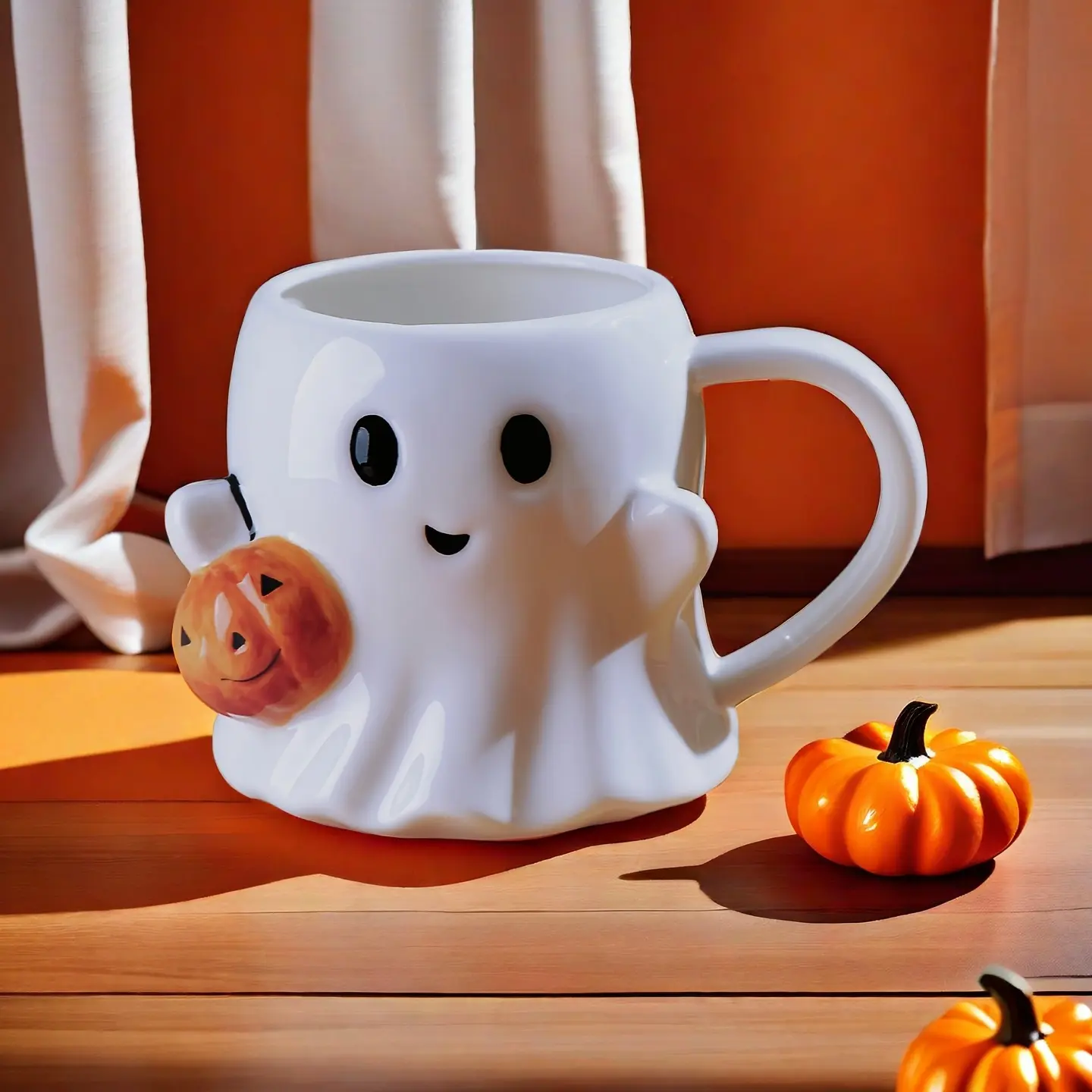 Halloween Ghost Coffee Mug Set, Cute Pumpkin Face Design Ceramic Cups with Handle, Perfect Gift for Halloween Party Decorations