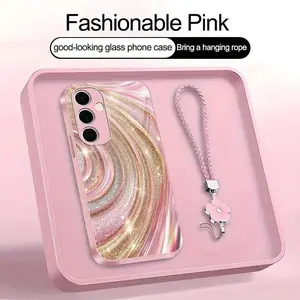 Compatible with Galaxy S24FE, Glitter Pink Phone Case Featuring Rose Gold Swirl Pattern and Flower Lanyard HNL0051