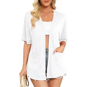 Women's Short Sleeve Open Front Cardigan Lightweight Summer Thin Cardigans with Pockets Casual Loose Cover Up Tops(Gift)