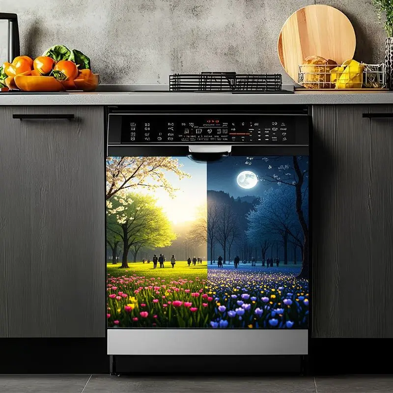 2D Flat 2Pcs Day and Night Park Landscape Dishwasher Sticker Removable Floral Pattern Self-Adhesive Appliance Cover with Sun Moon Trees Tulip Design for Kitchen Decor Home Refrigerator Washing Machine Furniture Door Cabinet