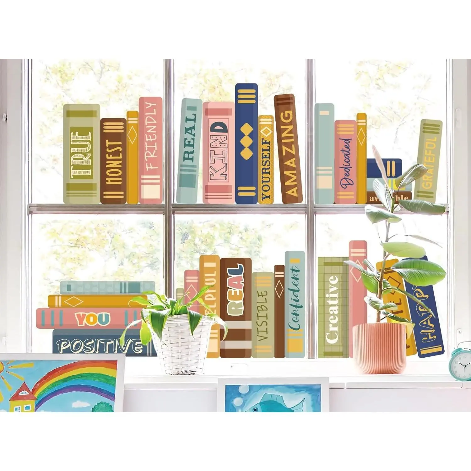 JarThenaAMCS 6 Sheets Boho Book Window Clings, Double Sided Inspirational Motivational Window Stickers Glass Decals for Back to School Classroom Library Nursery Decor
