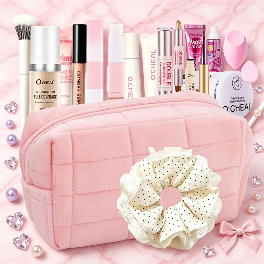 14-Piece Makeup Set, Foundation, Loose Powder, Lip Gloss, Dual-Ended Contour Eyeshadow Stick, Temperature-Sensitive Lip Oil, Blush Brush, Primer, Concealer, Makeup Sponge, Hair Tie, Wedding Bridesmaid Gift, Birthday Present, Cosmetics Kit