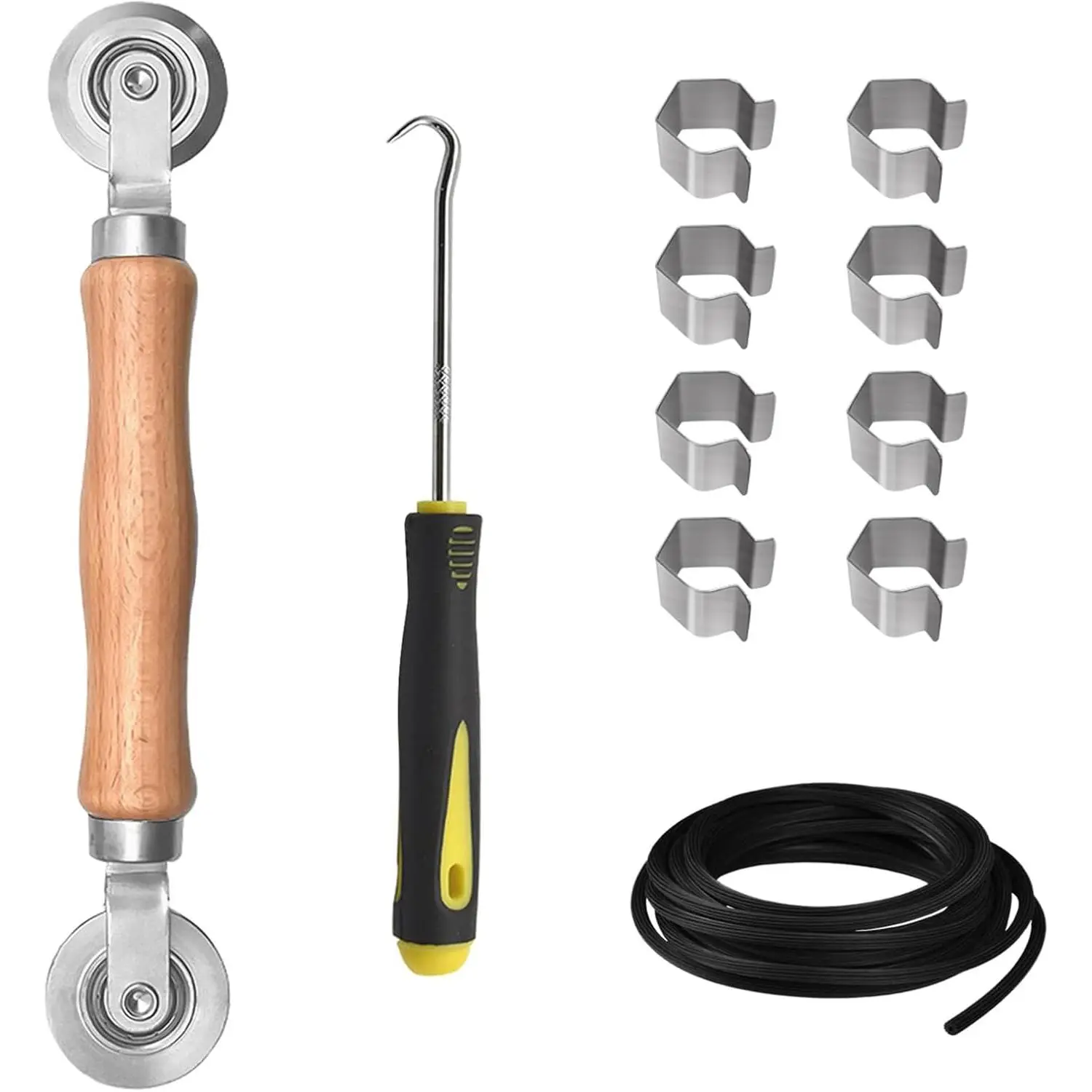 Window Screen Repair Kit, Steel Roller Tool with Bearing, Spline Removal Hook, 32ft Retainer Spline and 8 count Screen Clips  for Installing Door Mesh Screens BY0009G11