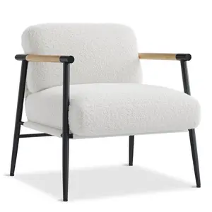 Mid Century Modern Accent Chair 420g Sherpa Fabric Lounge Chair for Living Room Bedroom Cozy Reading Nook Heavy Duty Single Sofa Chair 330lbs Capacity Metal Frame Teddy Boucle Armchair with Wood Armrests Pet Friendly Black White