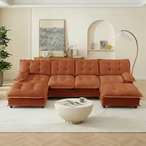 Aobtkel®138" U Shaped Modern Sofa Modular Sectional Cloud Couch with  2 Ottomans, 4-Seat Chenille Deep Seat Sofa with Comfy Lattice Decored Seat Cushion, Bedroom and Apartment, Orange