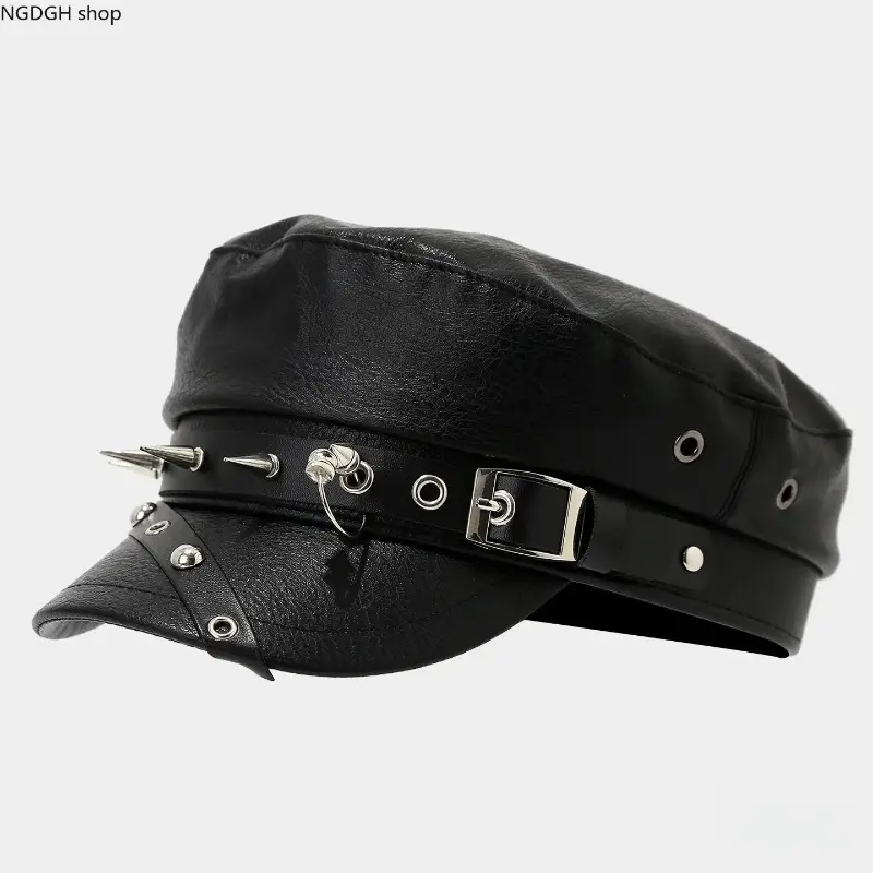 Unisex Vintage Black Punk Leather Flat Cap - 1 Size, Metal Spikes, Belt Buckle, Riveted Chain, Edgy Rocker Gothic Biker Headwear, Concert Wear, for Alternative Fashion (Sports & Outdoor Headwear)