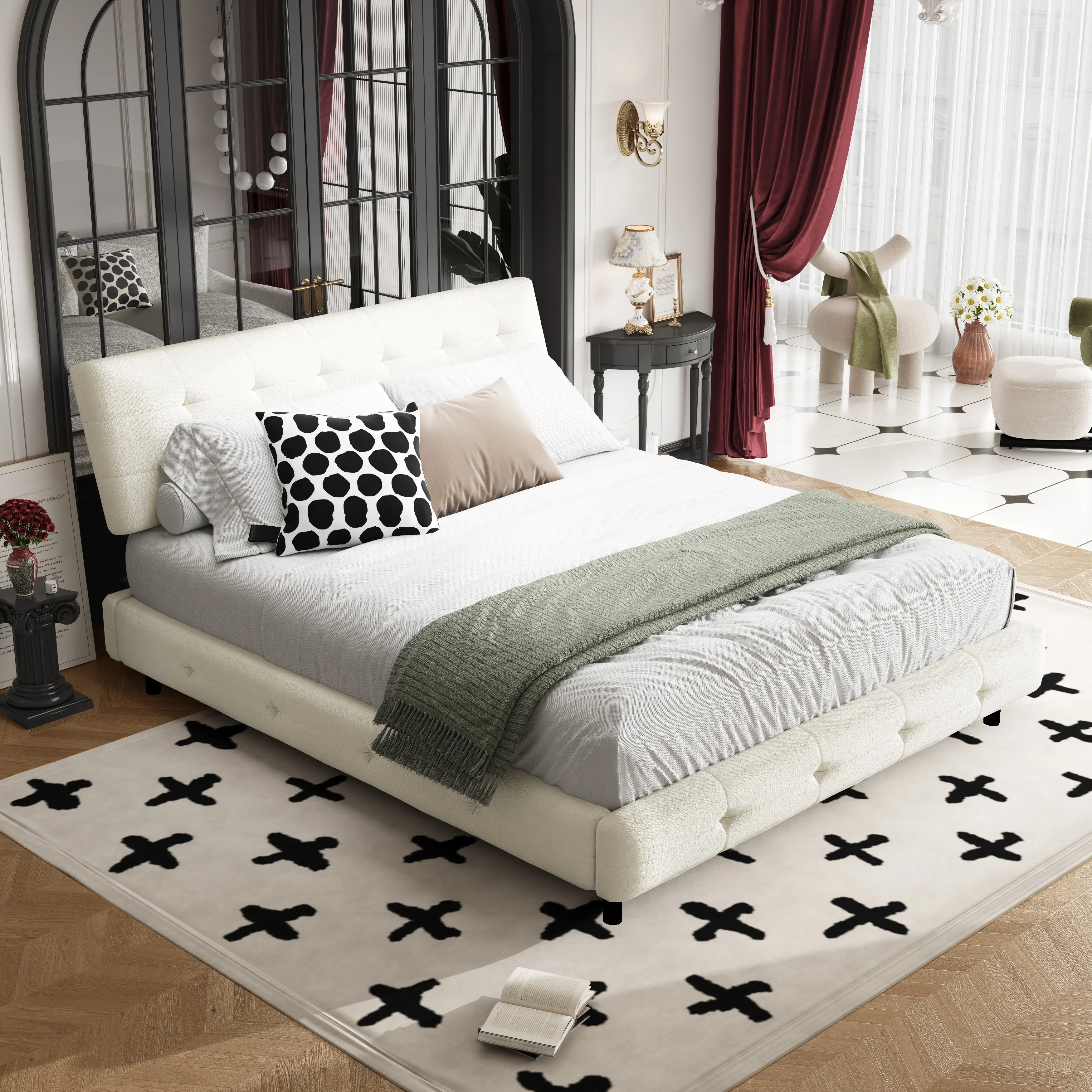 Nokaa Queen Size Bed Frame with Tufted Headboard and Extra-Large Ultra-Soft Cloud Pillow, Chenille Upholstered Platform Bed with Metal and Wooden Slats Double Support, Solid Stable Noise-Free, Beige/White, No Box Spring Needed