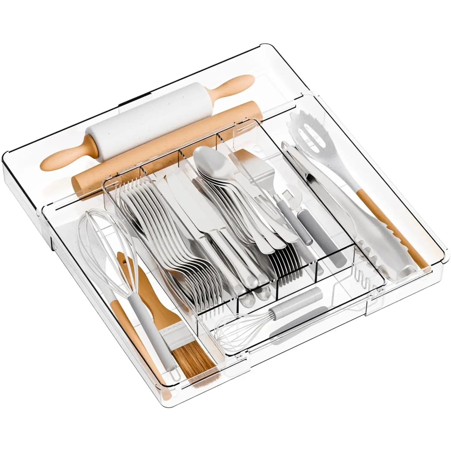 Clear Expandable Kitchen Utensil Drawer Organizer and Silverware Organizer, Adjustable Silverware Tray for Drawer Cutlery,Spatula,Tools,Flatware Organizers,Fork and Spoon Holder