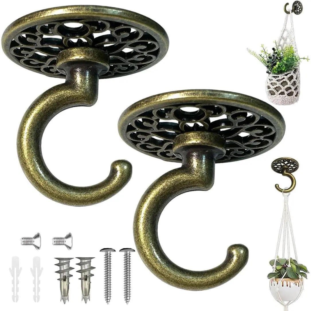 Heavy Duty Ceiling & Wall Hook for   – Holds Up to 50 lbs – – Includes  Mounting Hardware for Drywall, , Cement (2, Antique Brass)