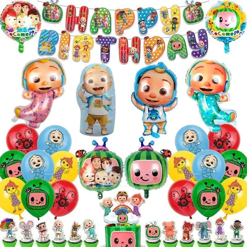 Cocomelon Balloons Watermelon Baby Cake Topper Birthday Banner Party Decoration Background Stickers Kid Boy Disposable Tableware