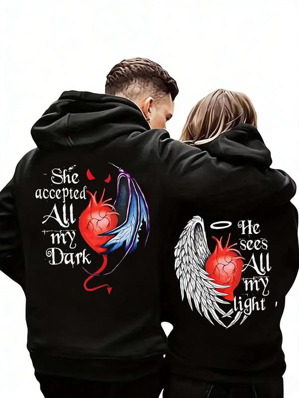 Valentine's Day Couple Outfit Limited Edition HE SEES ALL MY LIGHT SHE ACCEPTED ALL MY DARK Printed Hoodie with Kangaroo Pocket Plush Casual Long Sleeved Sweatshirt for Outdoor Use