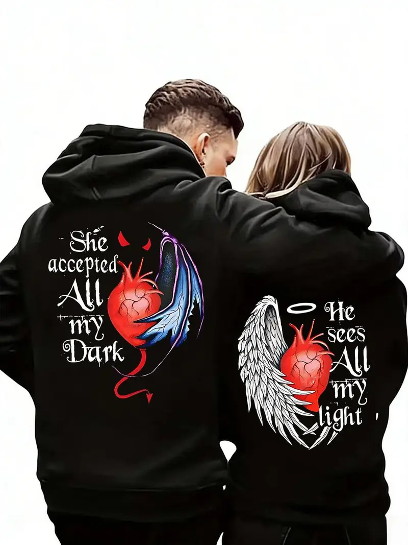 Valentine's Day Couple Outfit Limited Edition HE SEES ALL MY LIGHT SHE ACCEPTED ALL MY DARK Printed Hoodie with Kangaroo Pocket Plush Casual Long Sleeved Sweatshirt for Outdoor Use
