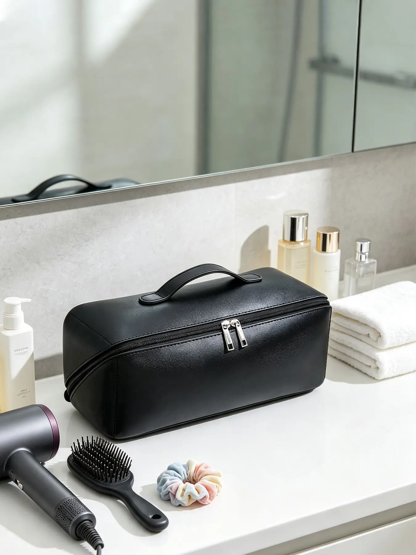 1pcPortable Faux Leather Travel Storage Bag With Handle, Multi-purpose Zipper Carry Case For Hair Curler, Styling Tools, Electronic Accessories Cosmetic Organizer