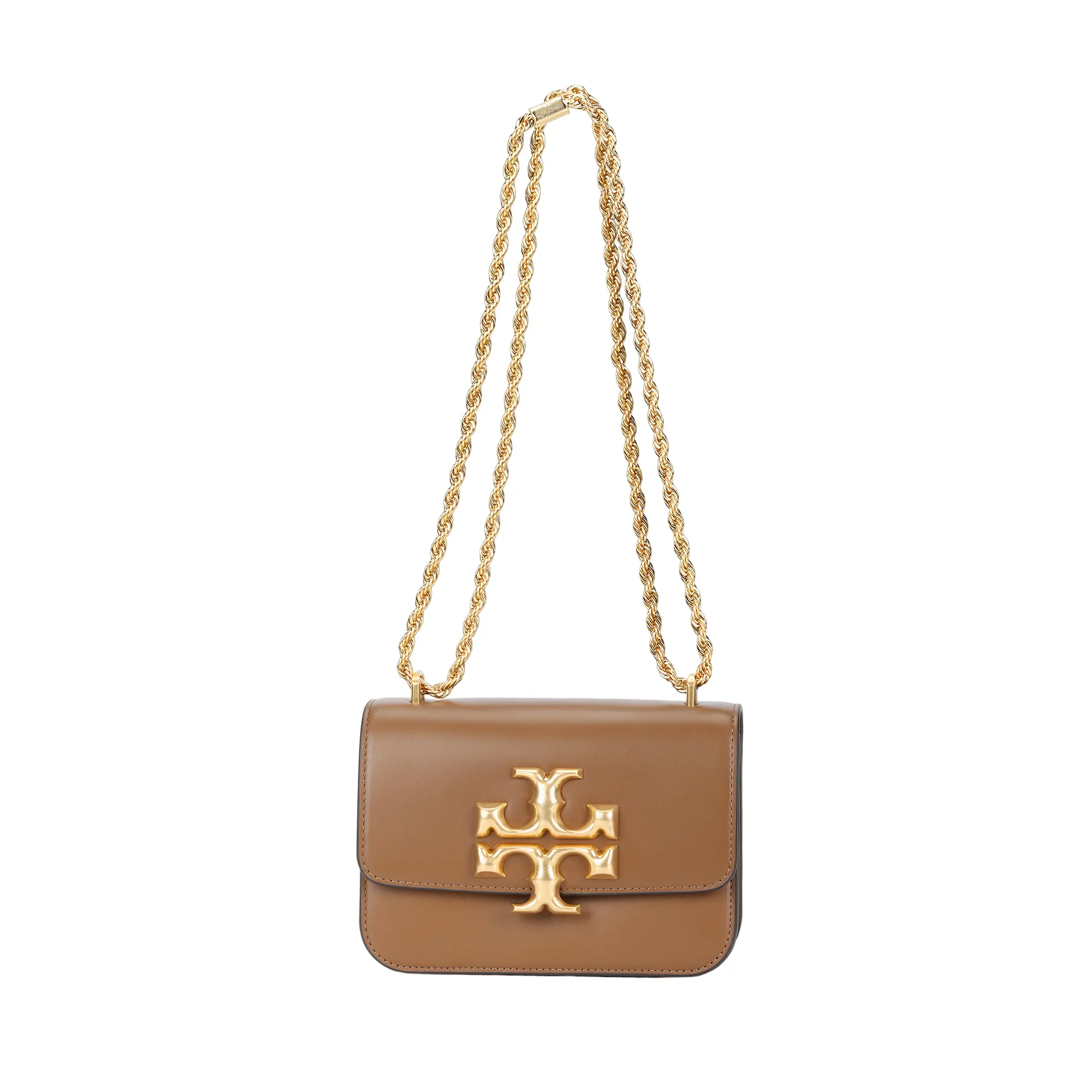 Tory Burch Eleanor Matte Flip-Top Double-T Logo Leather Crossbody Bag for Women, Small Size, Tan