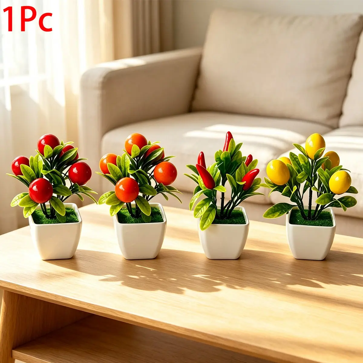 New Style No.960 Square Pots Artificial Pomegranate Cherry Bonsai, Decorative Fake Fruit Tree, Potted Ornaments for Home Living Room