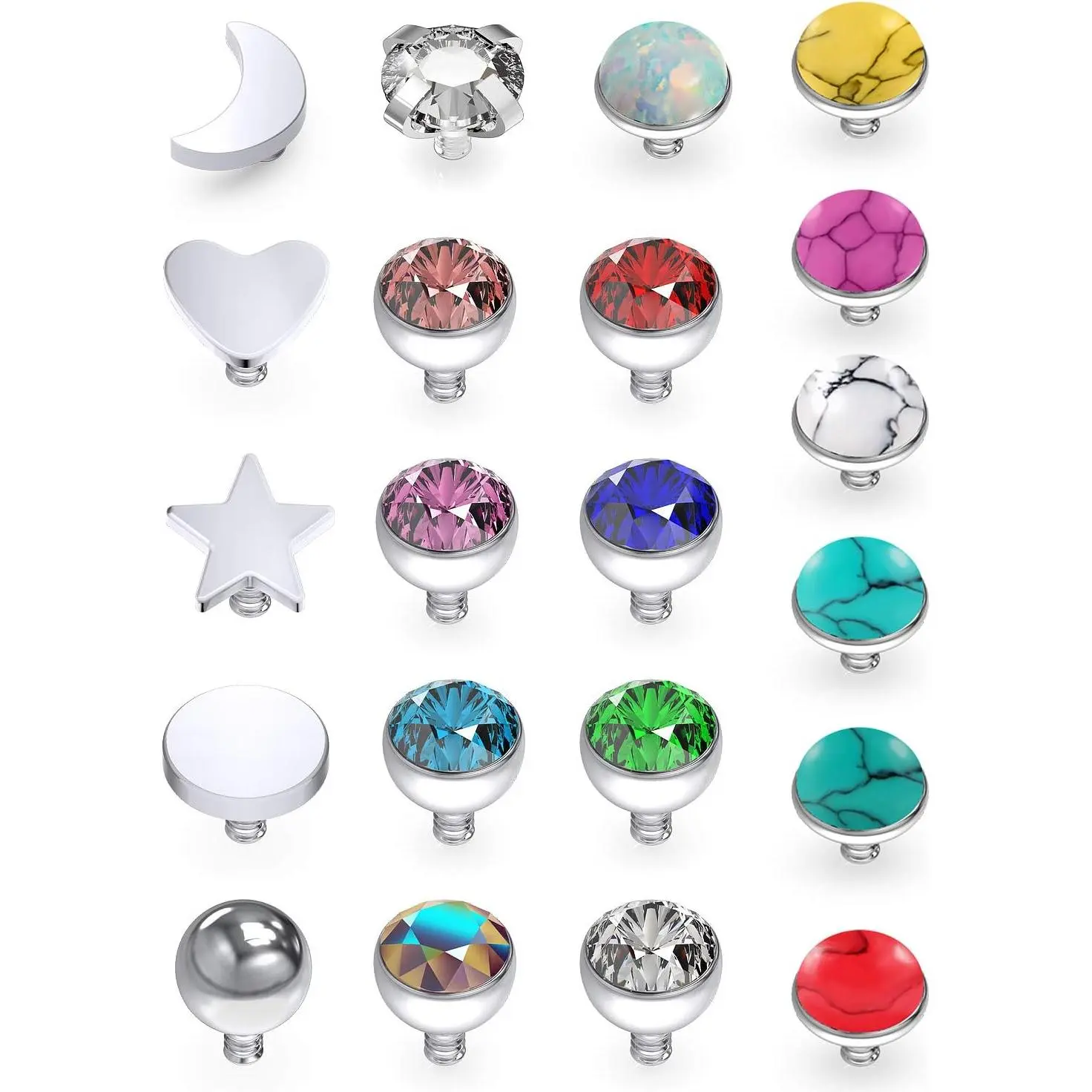 21 count 14G Grade 23 Titanium Dermal Anchor Tops Synthetic Stone Internally Threaded Mixcolor  for Women Men, Moon/Heart//Flat/Ball/CZ/Opal/Marble Stone