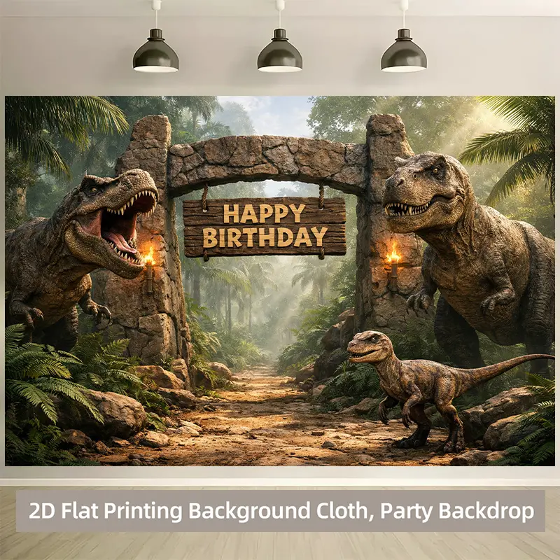 2D Flat - 2D Flat - A 2D Backdrop Featuring a Dinosaur Jungle Theme for a Birthday Party, Made of Durable, Suitable for Both Indoor And Outdoor Events, Celebrations, And Photography, Requiring No Power Source