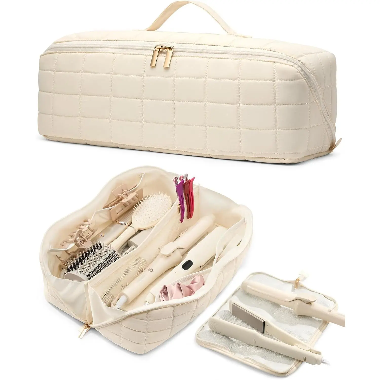 Travel Case with Heat Resistant Mat Pouch, Large Hair Tool Organizer Bag for Curling Iron Flat Iron Hair Dryer Hot Air Brush, Water Resistant Makeup Bag Gift for Women, Beige