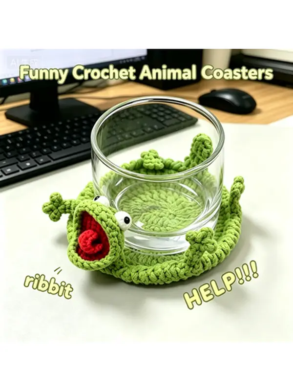 Large Fluffy 3D Pop-Up Animal Crochet Coaster - Handmade Interactive Drink Mat, Cute Gift Ideas for Coffee Lovers & Home Decor, Retirement, Christmas Favors, Gold Bear Design with Slot