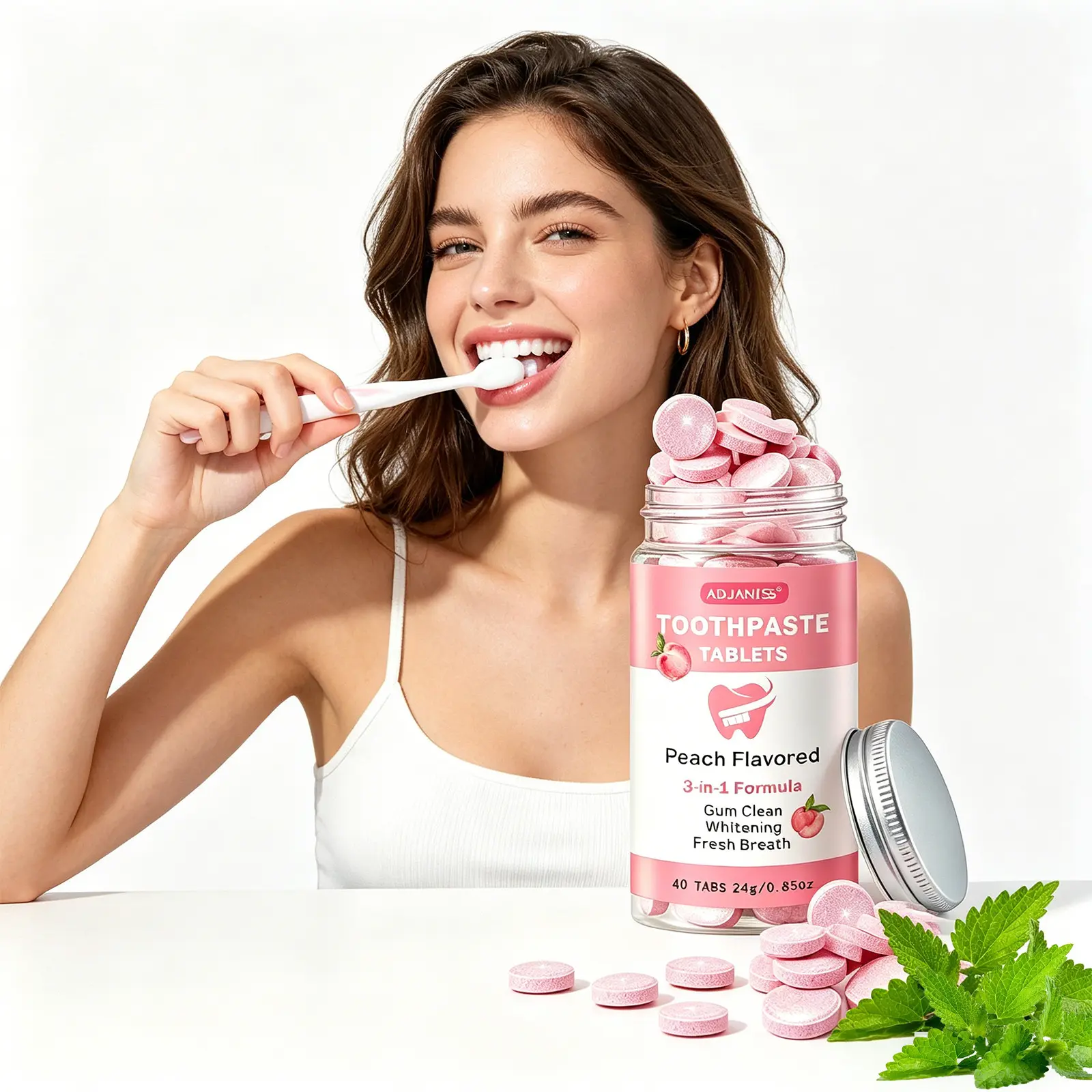 Adjaniss Peach Flavor Chewing Gum Tablets, Three-In-One Gums Care Teeth Whitening Solid Dental Tablets, Natural Fruit Taste Fresh Breath, 40 Pieces