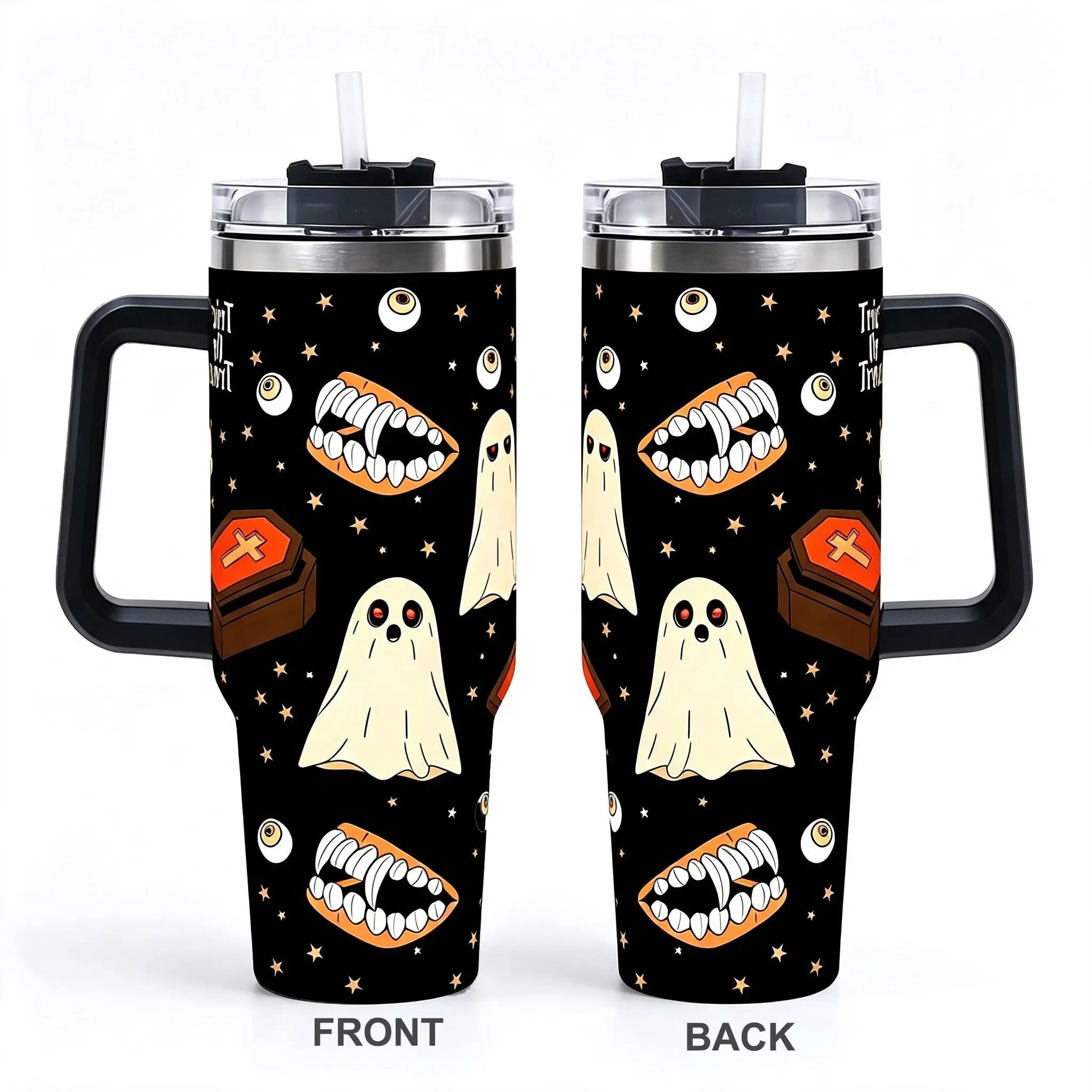 Halloween Thermos, Cute Ghost Water Cup, Travel Coffee Mug, Car Cup, Stainless Steel Water Bottle with Handle and Straw, Spooky Blood-eye Coffin Leak-proof Cup, Halloween Decorative Gift, Perfect for Trick-or-treating or Birthday Party Gift (40oz)