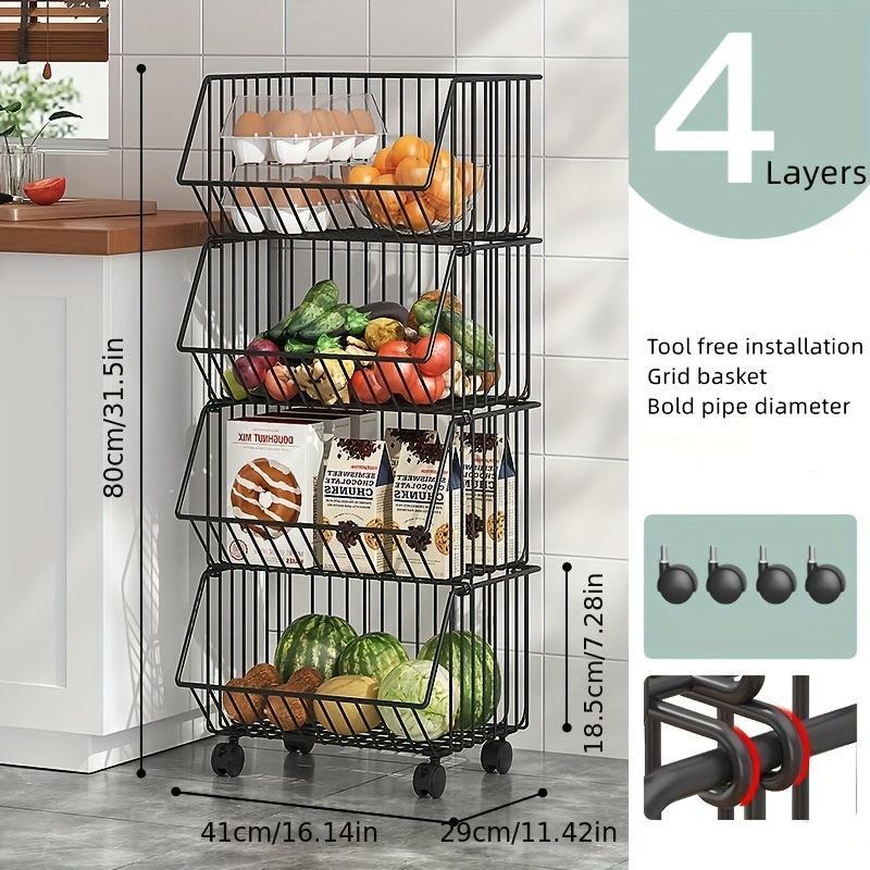 Metal Wire Stackable Kitchen Storage Basket with Wheels, 1 Count Multi-layer Snack Sundries Storage Rack, Household Kitchen Accessories Organizer