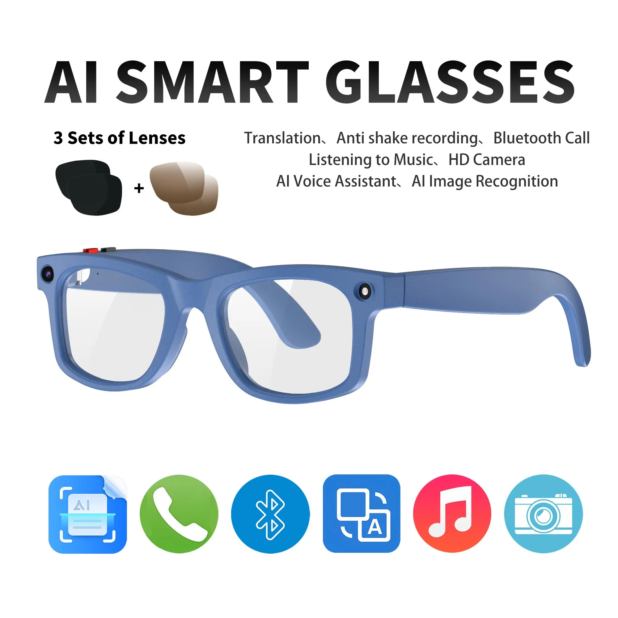 Ai Smart Glasses with  HD Camera, Real-Time Translation, Bluetooth-compatible Calling, Photo & Video Capture, Music Playback, PC Frame, Glasses that Record