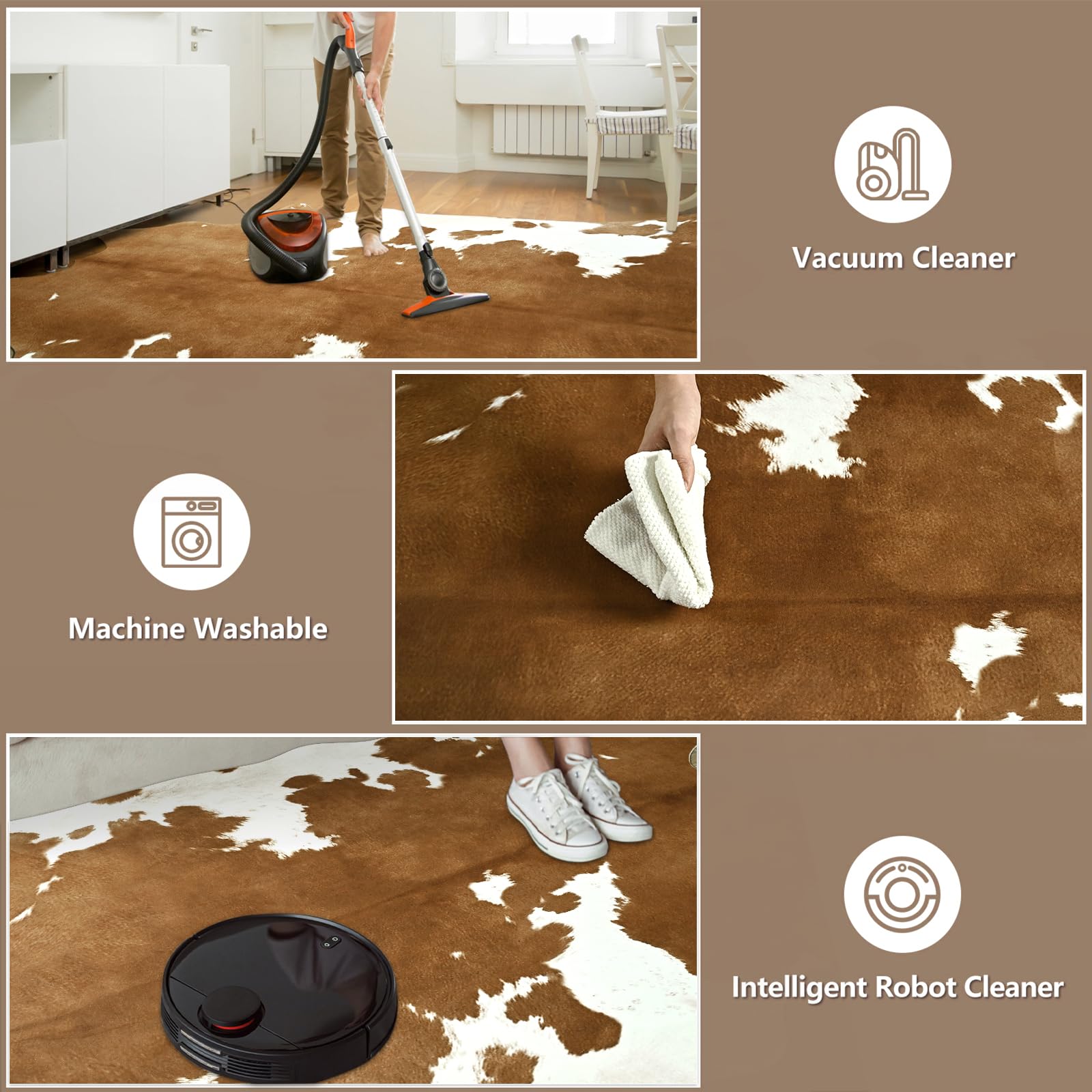 5.2x6.2 Feet Cow Hide  Area Rug for Living Room, Western Cowhide Large Faux Animal Skin Rugs, Non-Slip Cow Print Carpet for Bedroom Office Kitchen Fireplace, Blac,Grey,Khaki,Brown,Black/White,Yellow Brown,Dark Brown,4.6x5.2 ,5.2x6.2 Feet