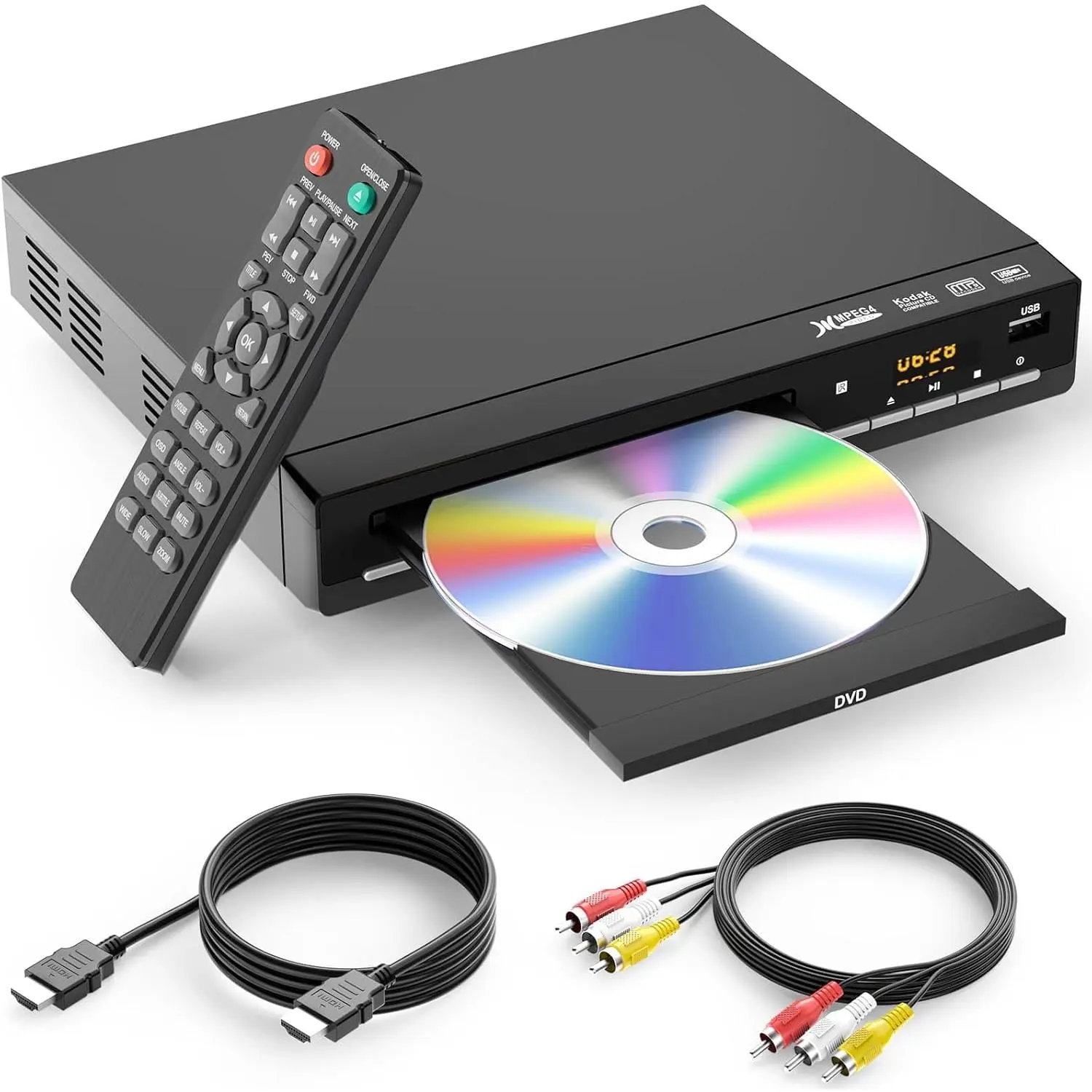 Region-Free DVD Player for TV, Full HD 1080P Support, TV Compatible, CD/VCD Playback, Stereo Audio, USB/JPEG Compatibility, Remote Control, HDMI & RCA Cables Included