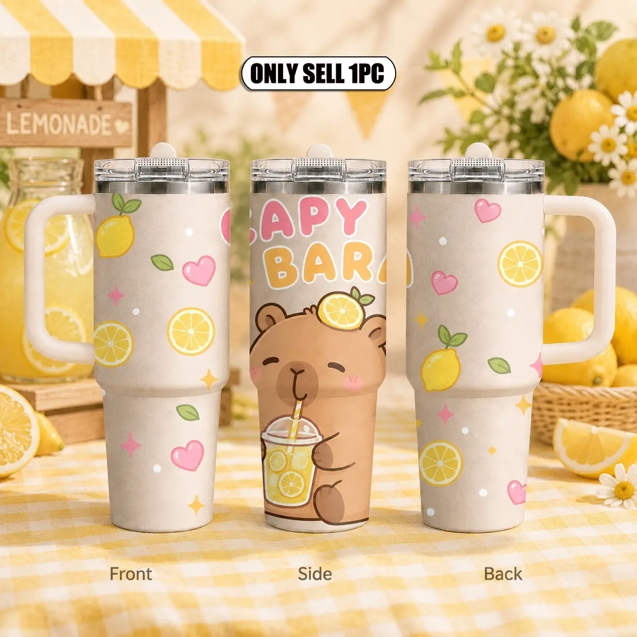 Kawai cartoon Capybara Vacuum Flasks 40oz 3rd Gen Vacuum Insulated Tumbler with Handle & Straw Lid, Leak-Proof Stainless Steel Travel Mug for Water, Coffee, Gym, Office, Car Cup Holder