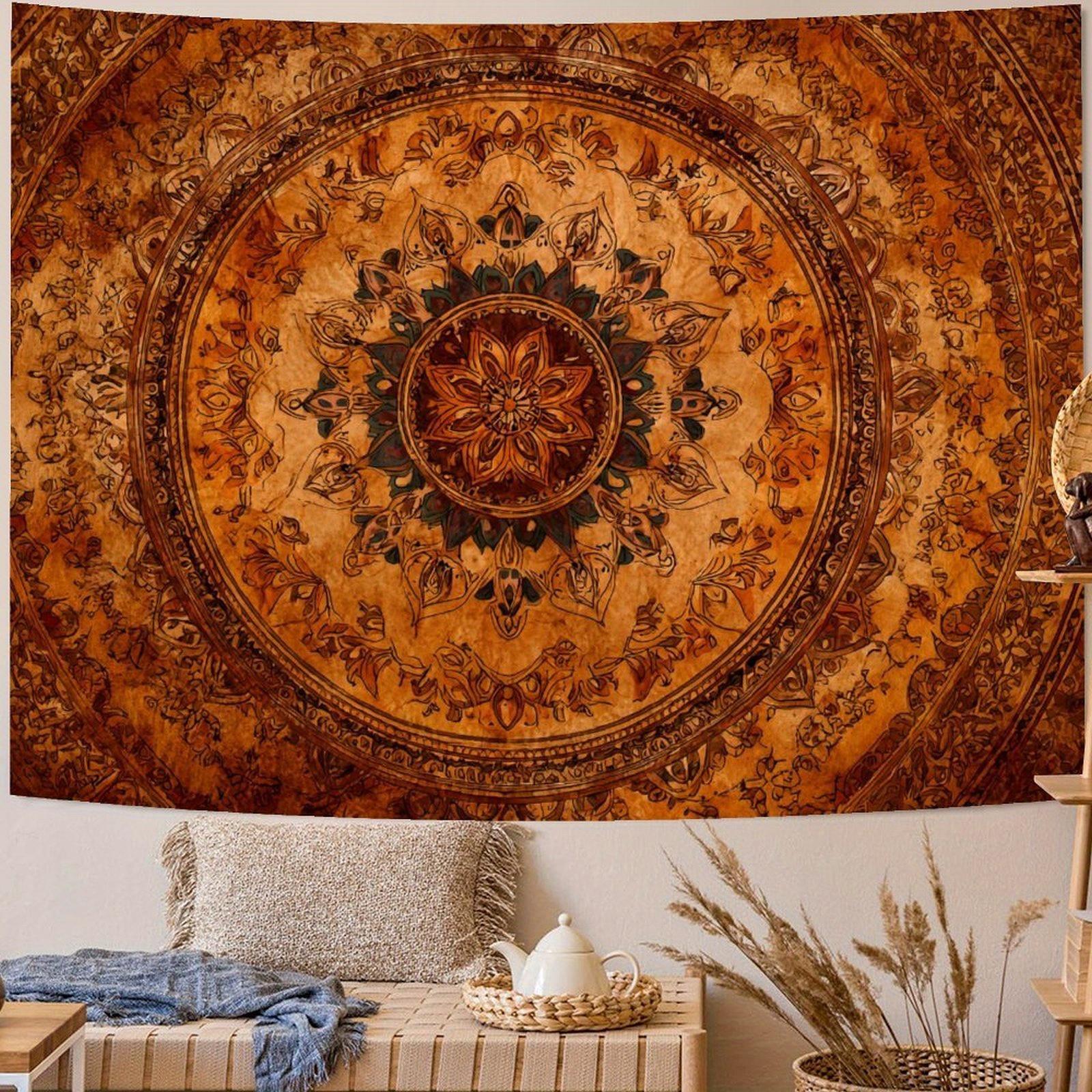 Bohemian Mandala Tapestry Wall Hanging, Boho Aesthetic Room Decor for Bedroom, Dorm, Apartment, Vintage Orange-Brown Hippie Wall Art with Floral Medallion Pattern, Retro Wall Tapestry for Living Room