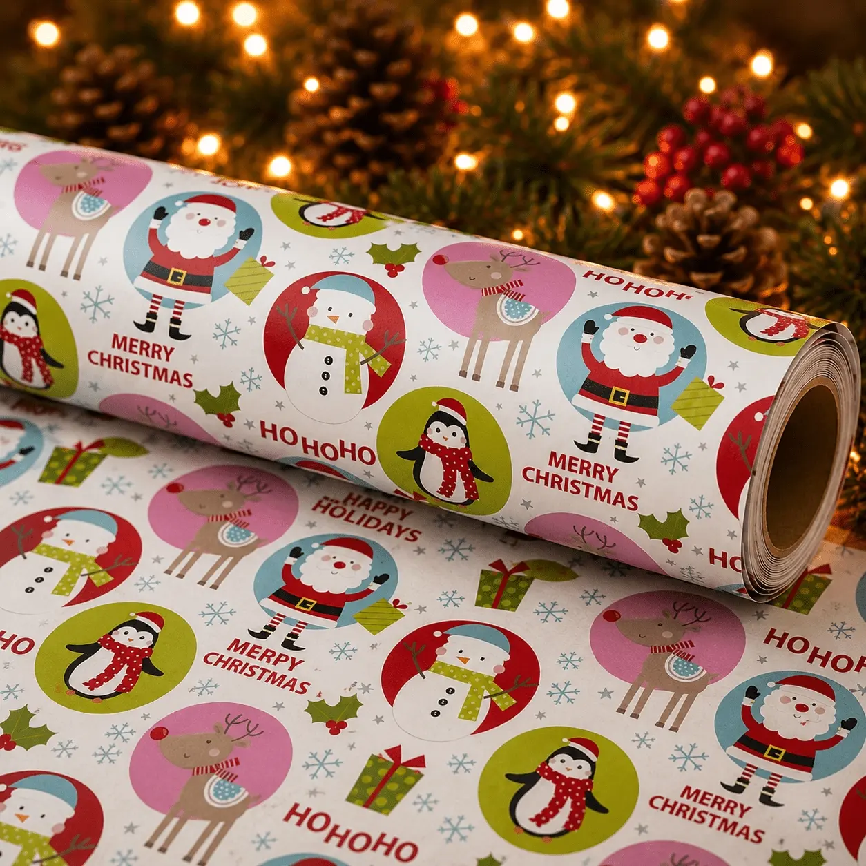 1 Roll Christmas Wrapping Paper with Cartoon Santa, Snowman, Penguin, and Reindeer Patterns, Including Festive Greeting Text, Suitable for Wrapping Christmas Gifts, Winter Holiday Presents, Christmas Boxes, DIY Crafts, Gifts for Grandchildren