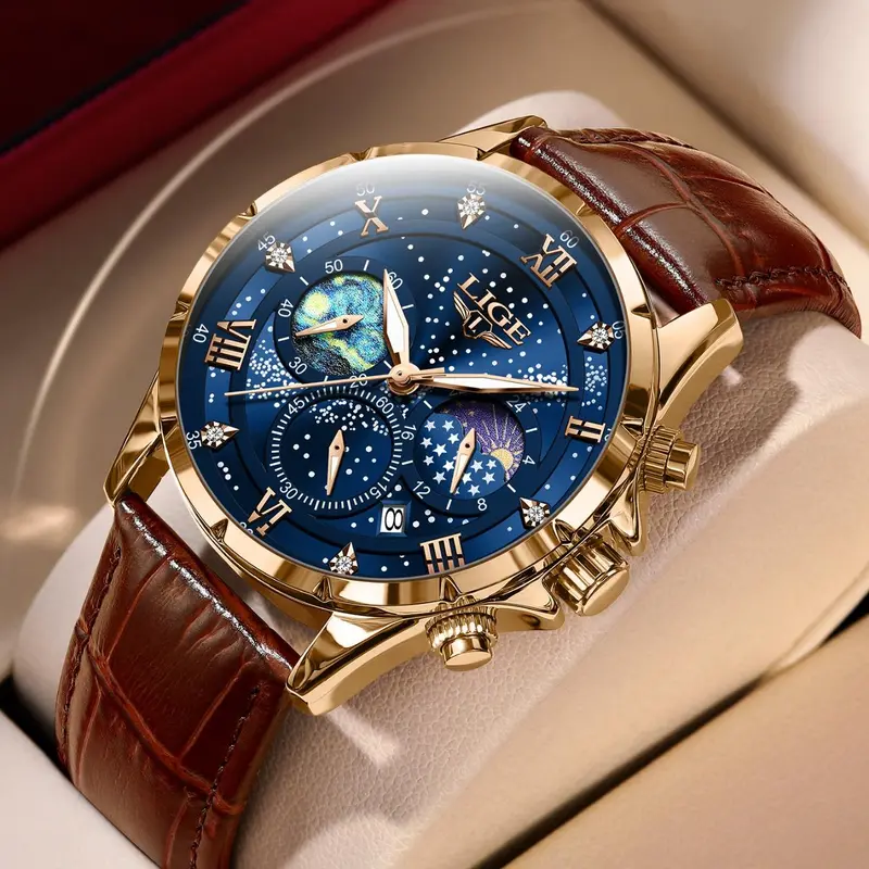 Men's Minimalist Business Fashion Pu Leather Strap Digital Hands Quartz Watch, Casual Round Dial Calendar Analog Wristwatch, Perfect Gift for Men, Analog Quartz Watches, with Box