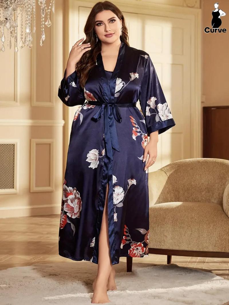 [Plus Size] Halloween Print Belted Wrap Long Sleeve Loose Loungewear Robe, Women Long Sleeves Nightwear, Fall Lady Long Lounge Robe Gowns, Halloween Pajamas, Robes for Women, Floral Print Robe, Wrapped Belted Robe, Casual Soft Bathrobe Womenswear Vneck